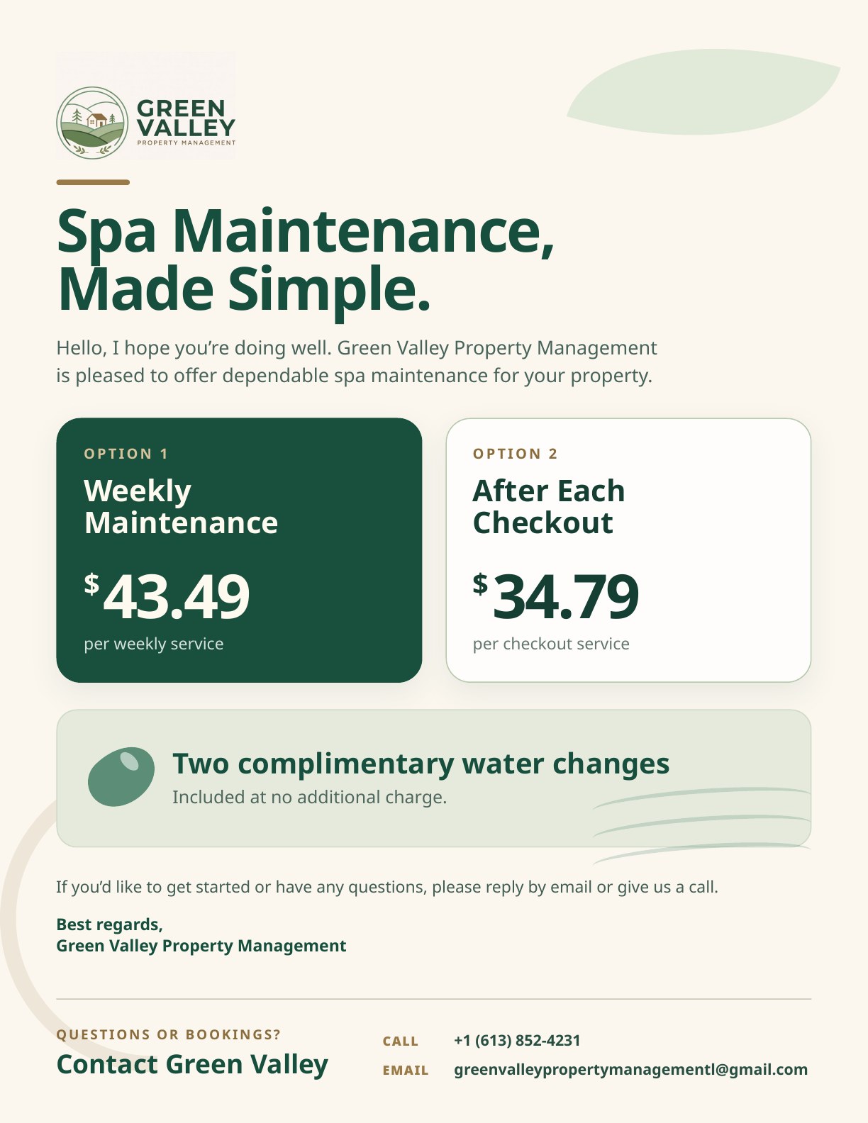 Preview of the Green Valley spa maintenance flyer