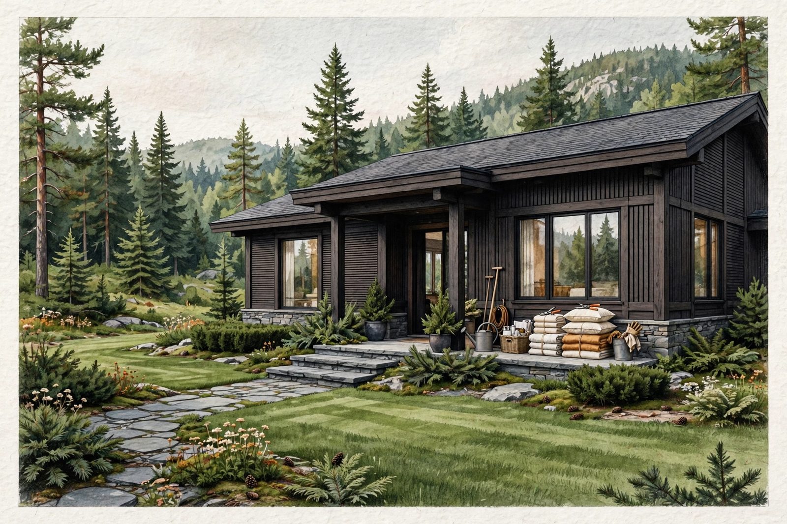 Well-kept lawn and entry at a mountain chalet