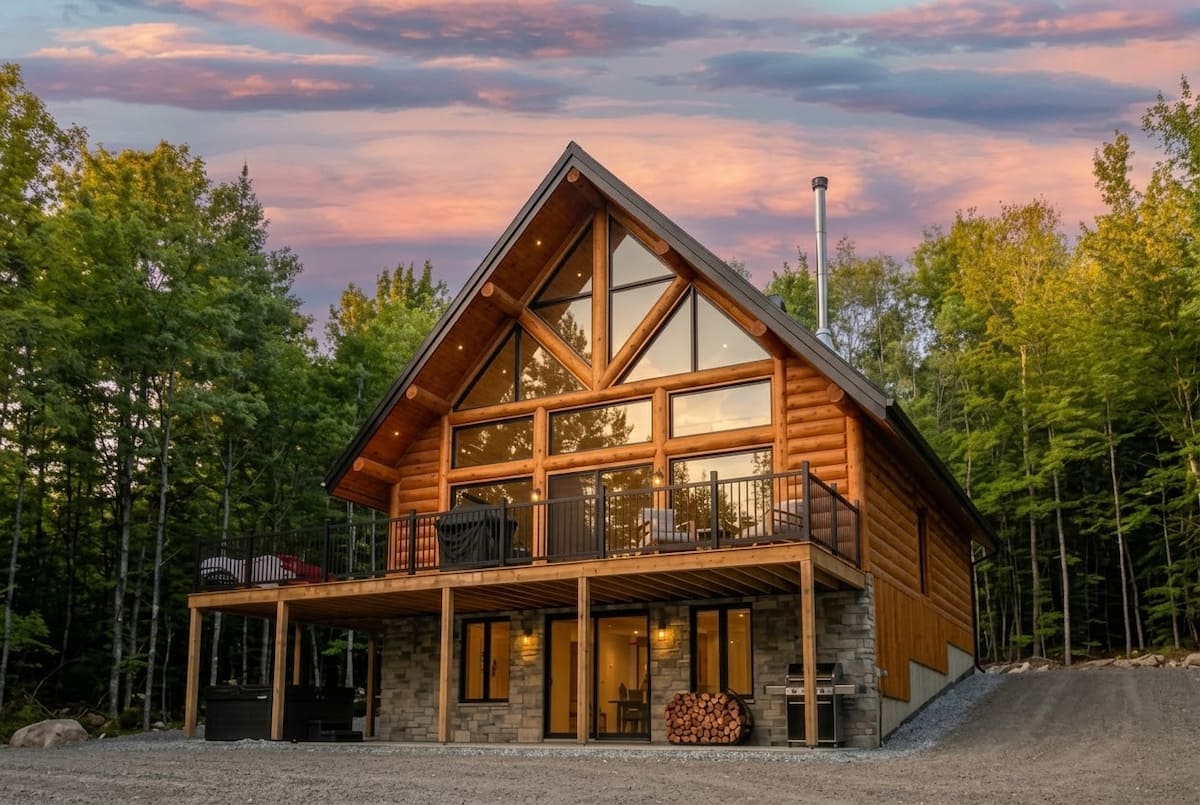 Front exterior of Bellevue Tremblant, a timber chalet surrounded by forest